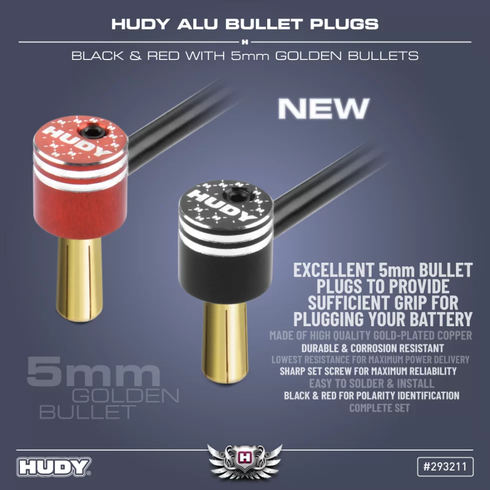 New HUDY Alu Bullet Plug Black & Red w 5mm Golden Bullets – Set